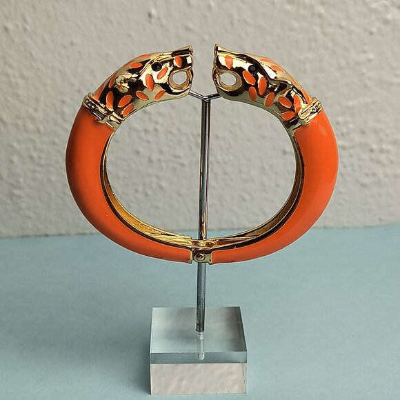 Statement Chunky Glaze Hinged Cuff Bracelet Double Wolf Head Vibrat Oran… - Picture 1 of 7